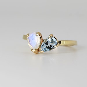 Toi et Moi Ring 14k Gold Two Stone Ring, Moonstone & Aquamarine Engagement Ring, You and Me Ring, Cluster Ring, Anniversary Ring