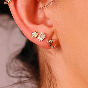 Dolphin Flat Back Earrings 14k Solid Gold, Summer Earrings, Fish Earrings, Internally Threaded Earrings, Cartilage Piercing, Gift for Her