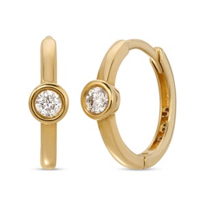 Solitaire Diamond Huggies Earrings 14k Solid Gold, Minimalist Bezel Single Stone Diamond Hoop Earrings, Single or Pair, Gift For Her