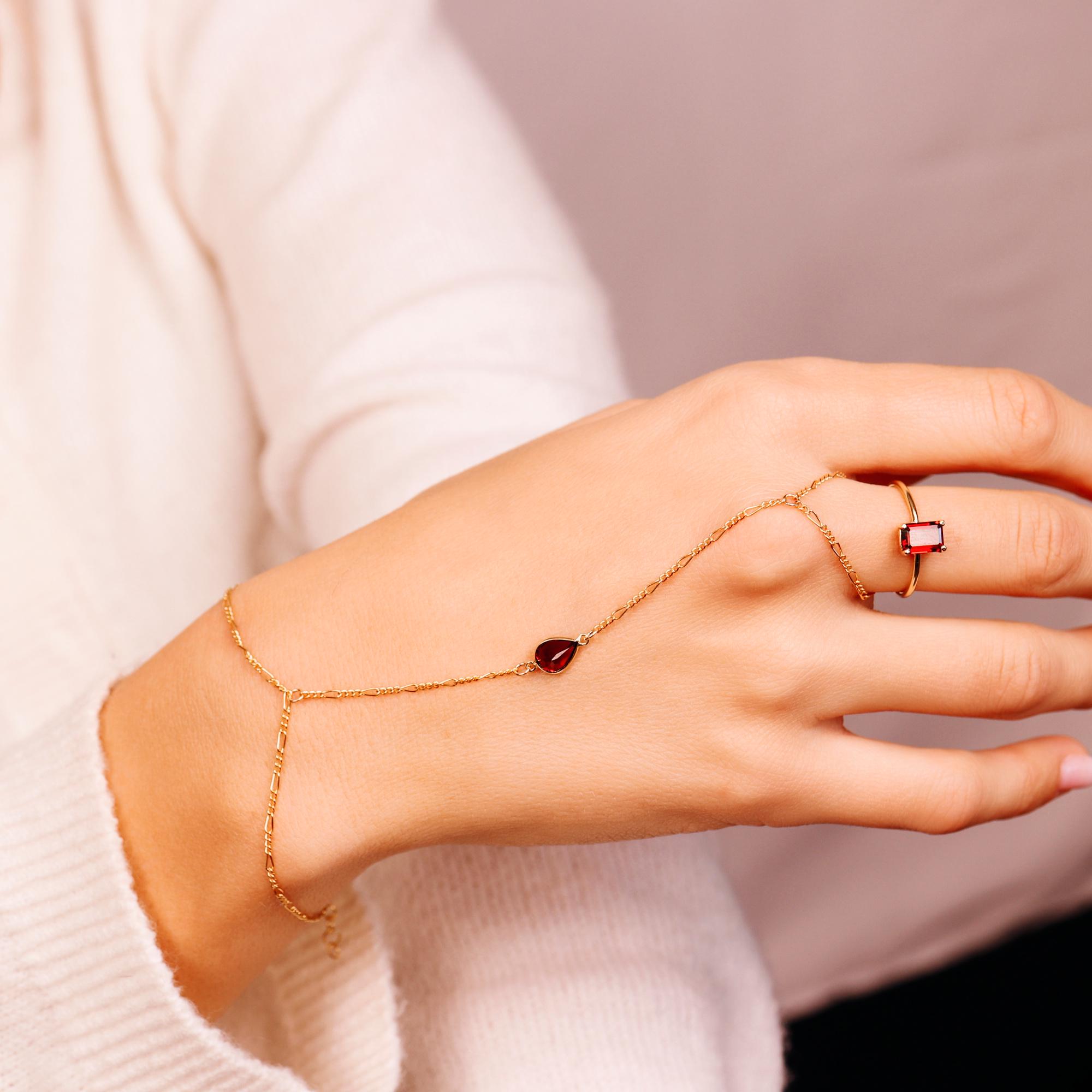 Handlet Chain Gold Slave Bracelet, Garnet Hand Chain Bracelet, Pear Garnet Hand Ring ...