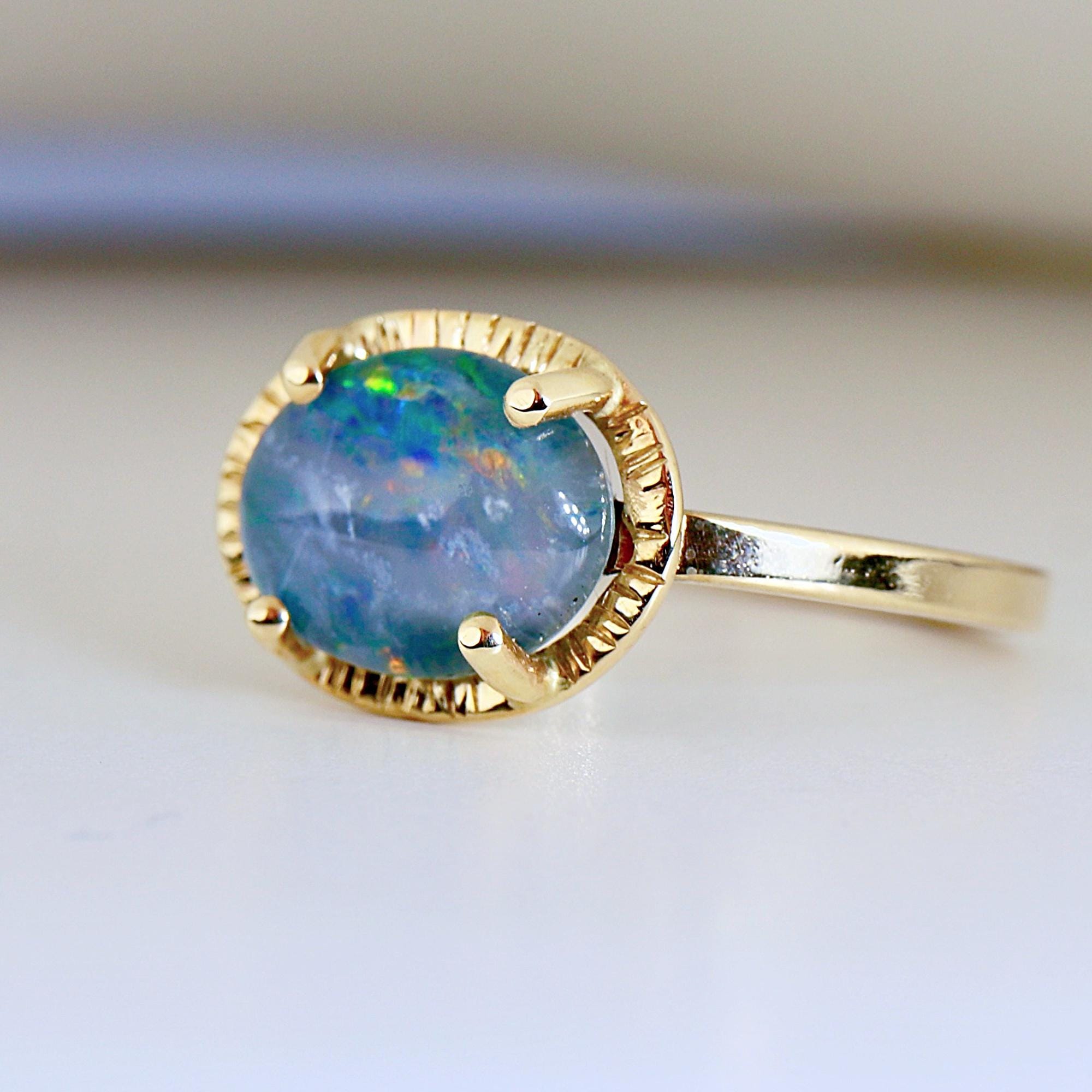 Black Opal Ring 14k Solid Gold – Round Opal Sun Ring, October Birthstone Jewelry, Sunrise Anniversary or Engagement Ring