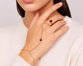 Gold Slave Bracelet, Garnet Hand Chain Bracelet, Pear Garnet Hand Ring, Gold Handlet Bracelet, Gemstone Hand Chain, Jewelry Gift for Her