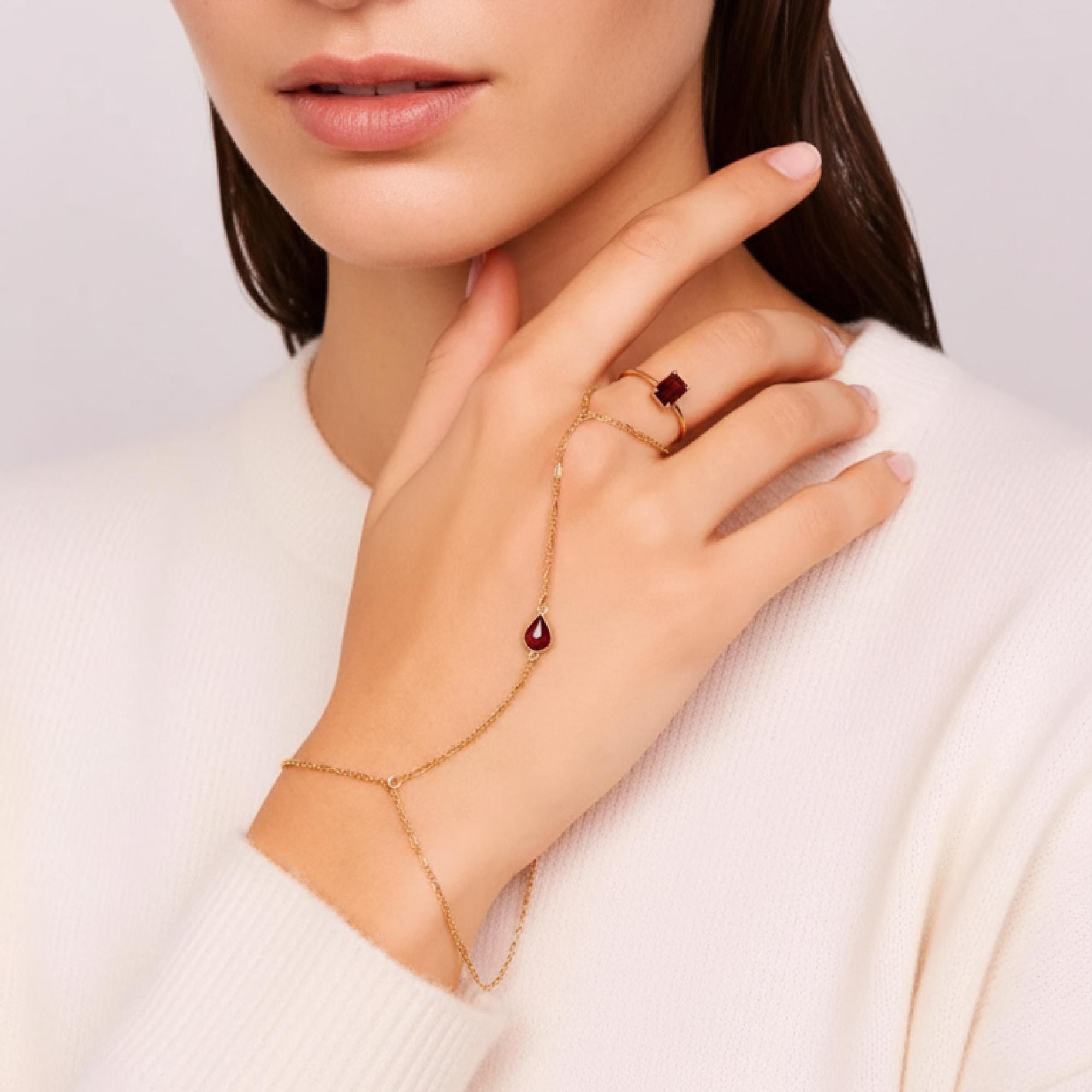 Handlet Chain Gold Slave Bracelet, Garnet Hand Chain Bracelet, Pear Garnet Hand Ring ...