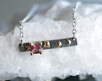 Mixed Metal Bar Necklace with 14k Gold Dots, Pink Tourmaline Necklace, Mixed Metal Jewelry, Handmade Unique Necklace Sterling Silver