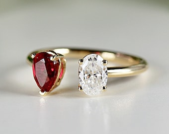 Toi et Moi Ring 14k Gold Two Stone Ring, Moissanite & Ruby Engagement Ring, You and Me Ring, Cluster Ring, Open Cuff Ring, Anniversary Ring