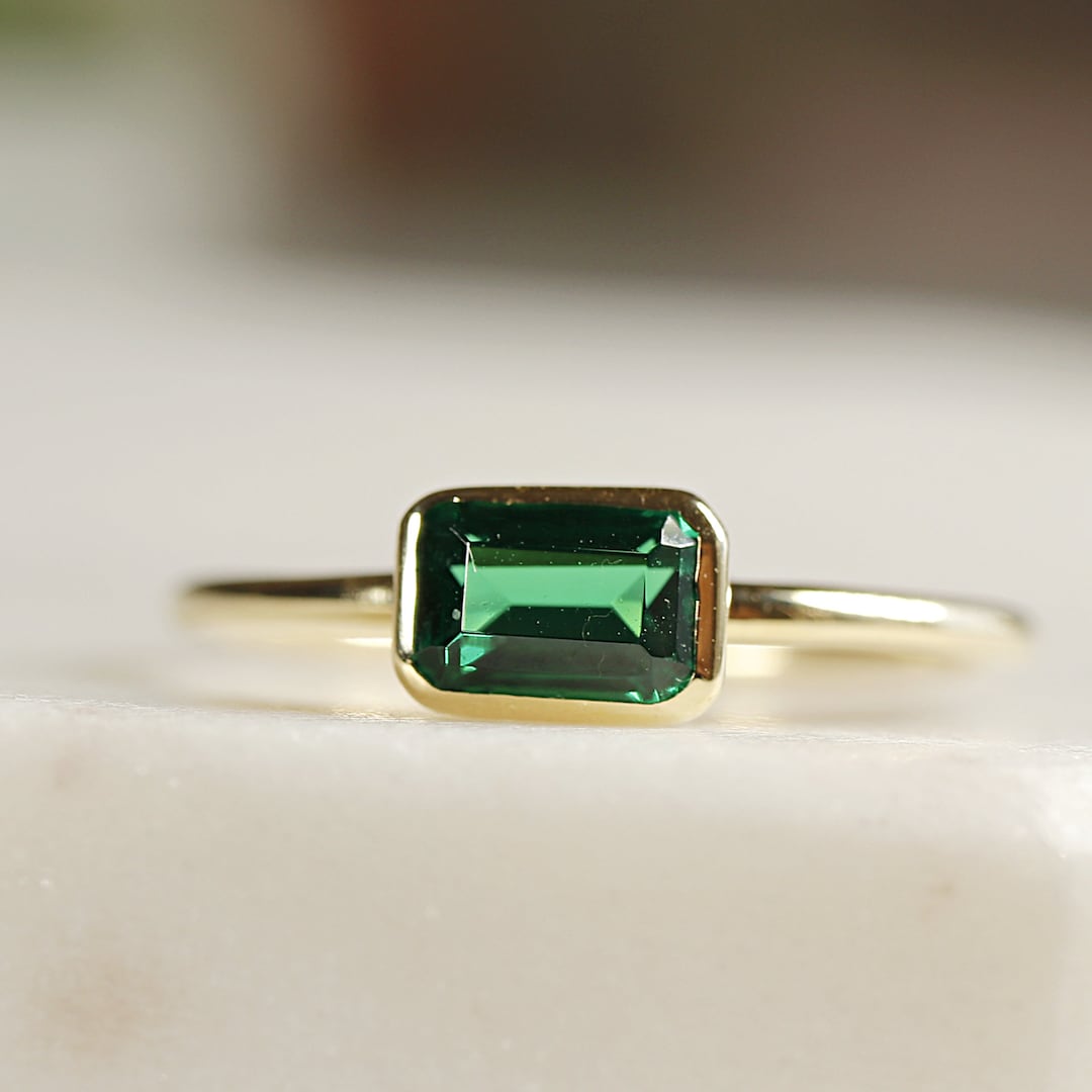 Bezel Set Emerald Ring Emerald Cut Emerald Ring East West - Etsy