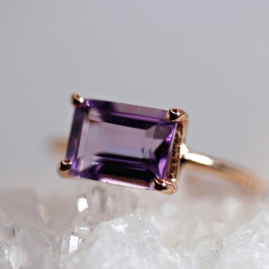 Emerald Cut Amethyst Ring 14k Rose Gold, Amethyst Engagement Ring, February Birthstone, Art Deco Purple Gemstone Ring, Gift for Her