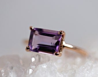 Emerald Cut Amethyst Ring Rose Gold, Amethyst Engagement Ring, February Birthstone, Art Deco Engagement Ring, Gemstone Ring Solid Gold