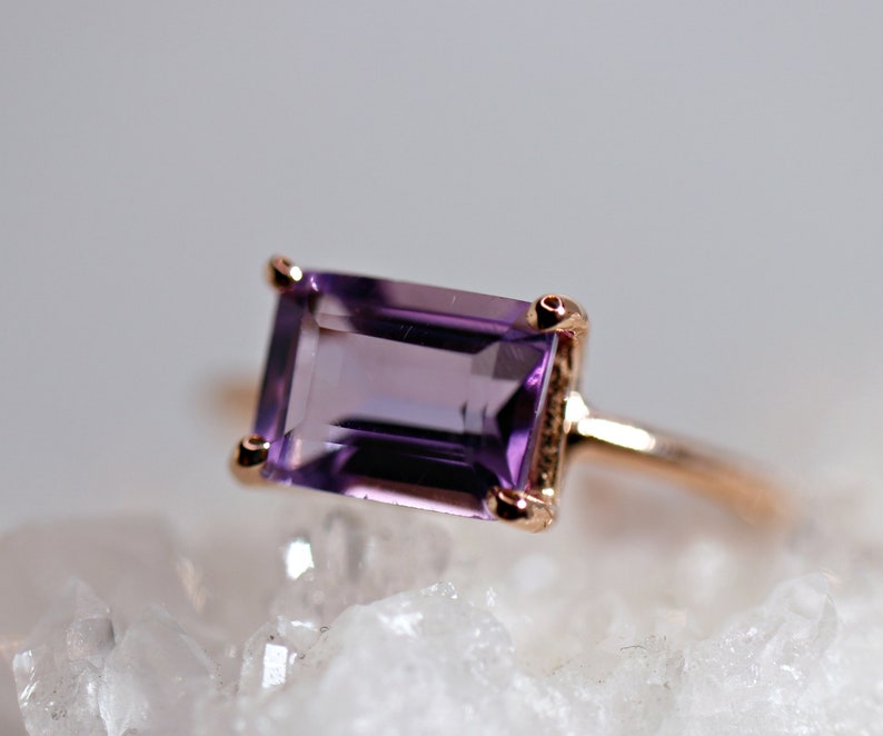 Emerald Cut Amethyst Ring Rose Gold, Amethyst Engagement Ring, February Birthstone, Art Deco Engagement Ring, Gemstone Ring Solid Gold image 1
