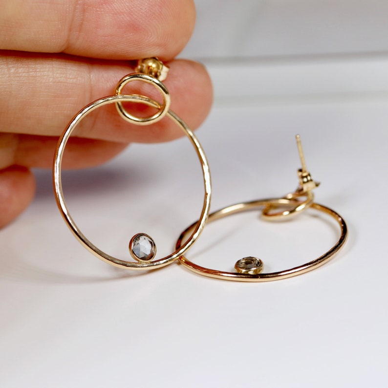 Large Double Hoop Earrings 14k Solid Gold, Aquamarine Hoop Earrings, Lightweight Hoop Earrings, Everyday Earrings, Minimalist Leaf Hoops image 5