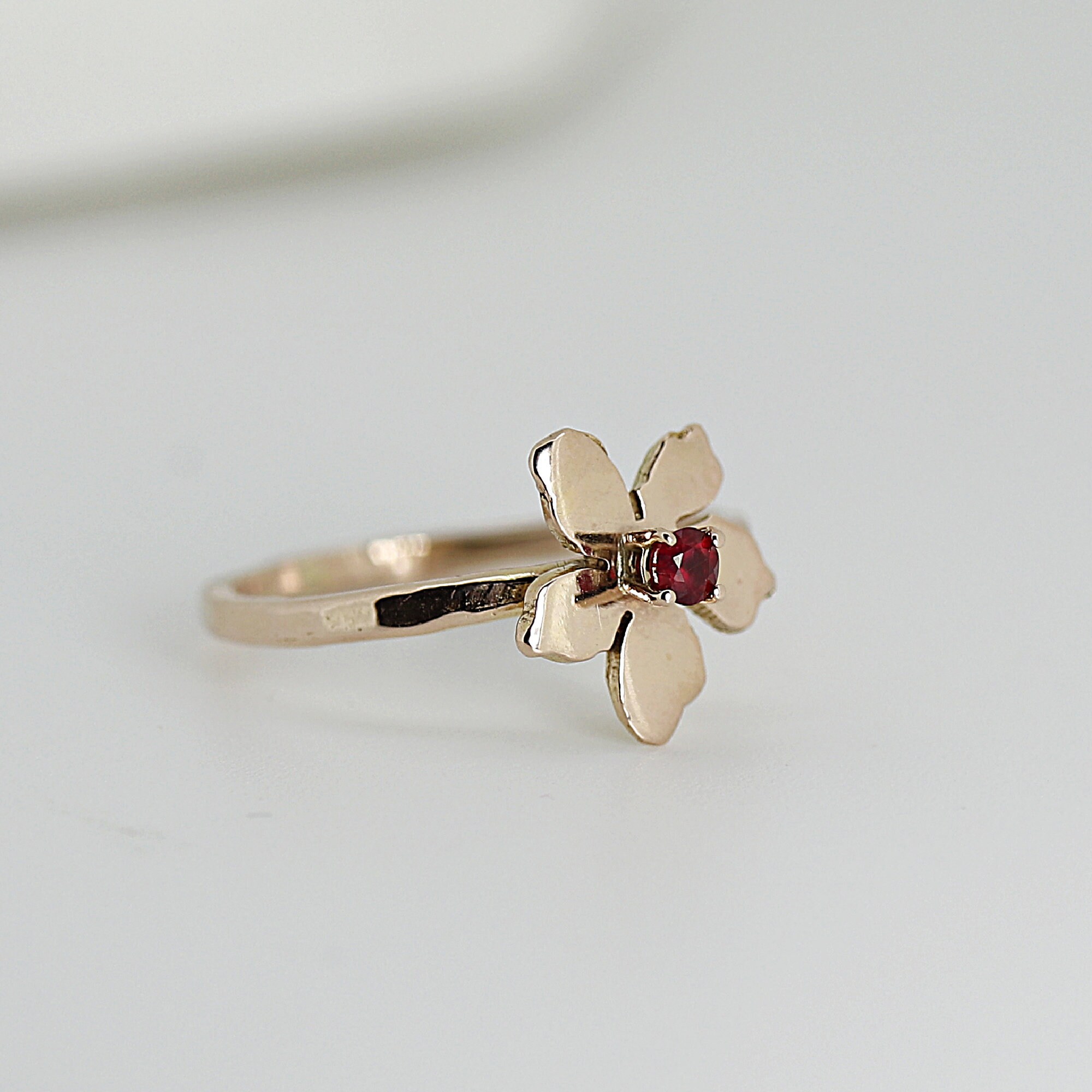 Handmade Flower Gemstone Ring 14k Solid Gold, Cherry Blossom