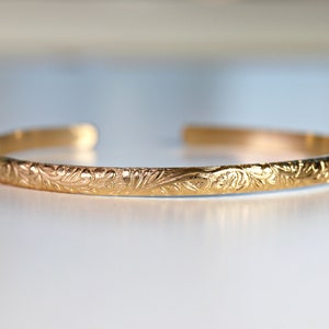 Open Cuff Bracelet Leaf & Flowers, Handwriting Inside, Hidden Message Art Nouveau Bracelet, Gold Bracelet, Etched Gold Open Bangle Bracelet image 1