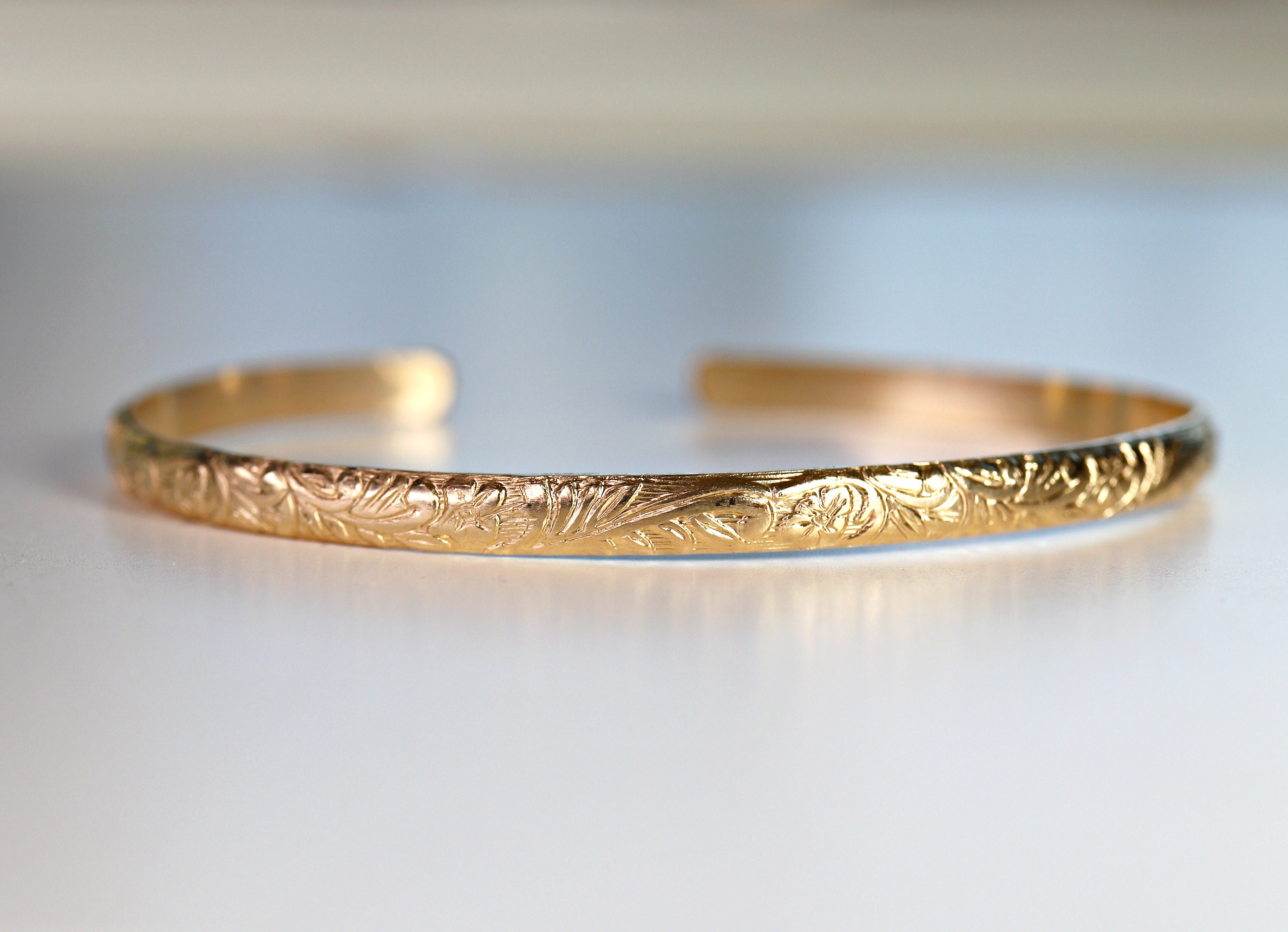 Open Cuff Custom Message Bracelet Leaf & Flowers, Handwriting Inside Hidden Message Engraved Open Bangle Bracelet, Gold Cuff Bracelet Gift