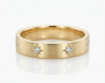 Diamond Starburst Eternity Wedding Band 14k Gold, Star Setting Diamond Wedding Ring, Anniversary Gift, Thick Gold Wedding Band