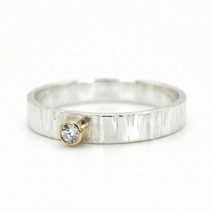 Hammered Sterling Silver Ring, 14k Gold Bezel Diamond Band, Textured Promise Ring