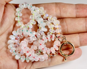 Hand Knotted Rondelle Moonstone Necklace on Rainbow Silk, Gold Filled Figure Eight Charm Holder, Optional Add‑On Charms Available