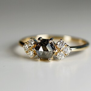 Hexagon Rose Cut Salt and Pepper Diamond Ring, 14k Yellow Gold Hexagon Diamond Ring, Conflict Free image 8