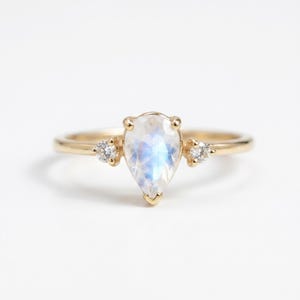 Pear Moonstone Engagement Ring, Diamond and Moonstone Ring, Handmade June Birthstone Jewelry, Birthday Gift, Anniversary Ring for Her