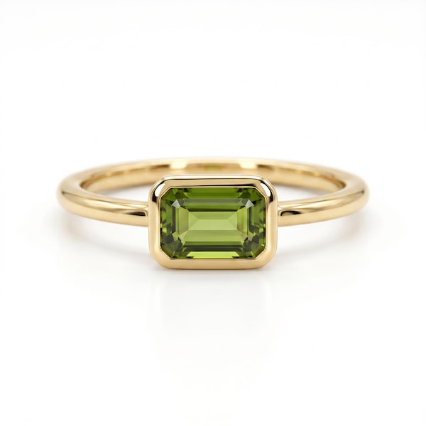 Green Tourmaline Ring 14k gold, Handmade Emerald Cut Tourmaline Engagement Ring, East West Minimalist Engagement Ring, Anniversary Gift