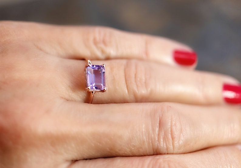 Emerald Cut Amethyst Ring Rose Gold, Amethyst Engagement Ring, February Birthstone, Art Deco Engagement Ring, Gemstone Ring Solid Gold image 7