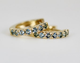 Aquamarine Hoop Earrings, 14k Gold Huggie Earrings, Wedding Jewelry, Solid Gold Aquamarine Earrings, Small Hoop Earrings, Bride Gift