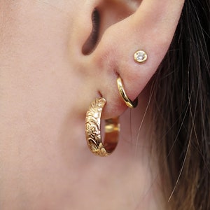 Small Gold Hoops, Gold Filled Hoop Earrings Floral, Chunky Gold Hoops, Open Hoop Earrings, Patterned Hoops, Gift for Her Minimalist Earrings image 10