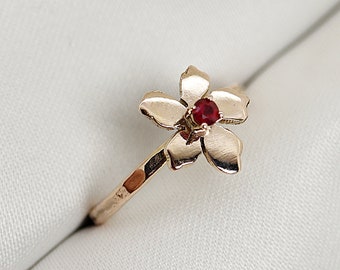 Handmade Flower Gemstone Ring 14k Solid Gold, Cherry Blossom Ring, Garnet, Emerald, Ruby, Pearl, Opal or Sapphire Ring, Birthstone Ring