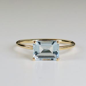 East West Aquamarine Ring 14k Gold, Emerald Cut Aquamarine Ring, March Birthstone Jewelry, Aquamarine Statement Ring, Handmade Gift For Her