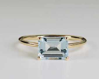 East West Aquamarine Ring 14k Gold, Emerald Cut Aquamarine Ring, March Birthstone Jewelry, Aquamarine Statement Ring, Handmade Gift For Her