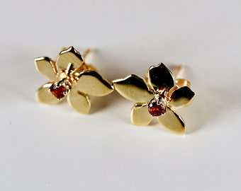 Sakura Cherry Blossom Earrings 14k Gold, Unique Handmade Garnet Stud Earrings, Flower Earrings with Gemstone, Unique Gemstone Earrings