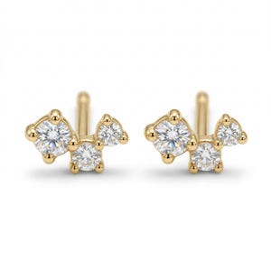 14k Gold CZ Diamond Trio Cluster Stud Earrings, Dainty Everyday Geometric Jewelry, Three Stone Cluster Earrings