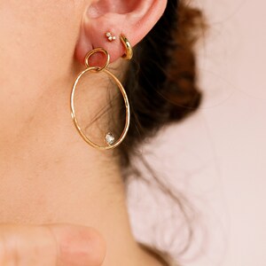 Large Double Hoop Earrings 14k Solid Gold, Aquamarine Hoop Earrings, Lightweight Hoop Earrings, Everyday Earrings, Minimalist Leaf Hoops image 2
