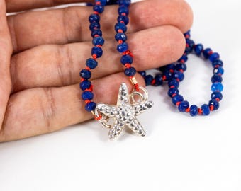 Lapis Lazuli Rondelle Necklace on Red Silk, 4.5mm Hand Knotted Strand with Sterling Silver Fish Star Clasp
