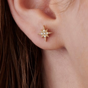 Diamond Starburst Earrings 14k Solid Gold, Genuine Diamond Star Earrings, Star Stud Earrings, Gold Star Studs, Graduation Gift