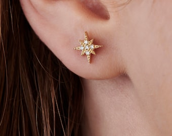 Diamond Starburst Earrings 14k Solid Gold, Genuine Diamond Star Earrings, Star Stud Earrings, Gold Star Studs, Graduation Gift