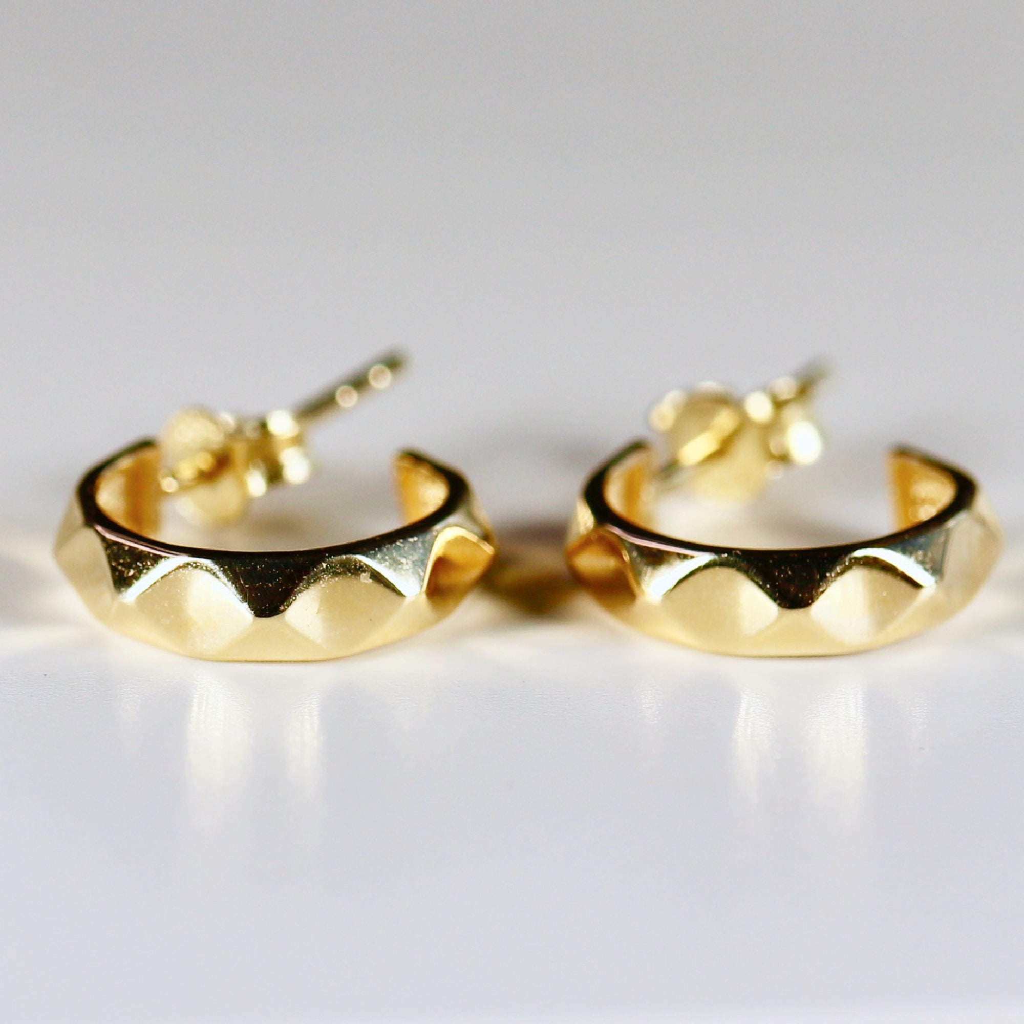Geometric Textured Gold Huggies 14k Solid Gold, Mini Gold Open Hoop Earrings Huggies, 12mm Open Thick Hoops,  Gift for Her, Birthday Gift