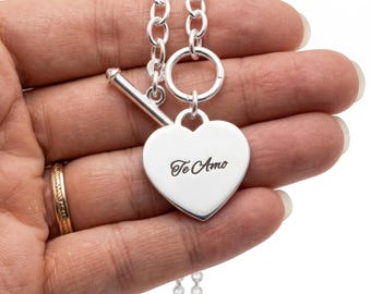 Sterling Silver Engraved Heart Necklace, Personalized Heart Pendant, Custom Name Necklace, Hand Stamped Jewelry, Gift for Her, Mom Gift