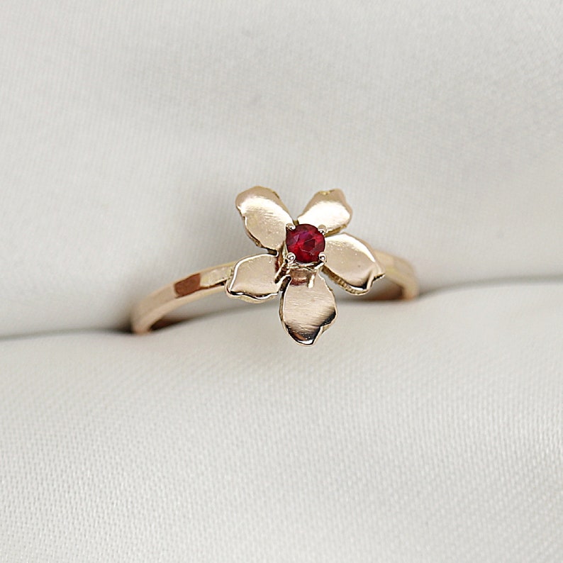 Floral Pearl Ring 14k Solid Gold, Unique Handmade Flower Engagement Ring, Rose Gold Cherry Blossom Promise Ring, June Birthstone Ring image 5