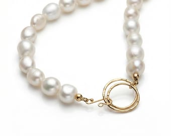 Freshwater Pearl Toggle Necklace 10-12mm, Hammered Gold Filled Clasp, Handmade Statement Pearl Necklace, Mother’s Day Gift for Her