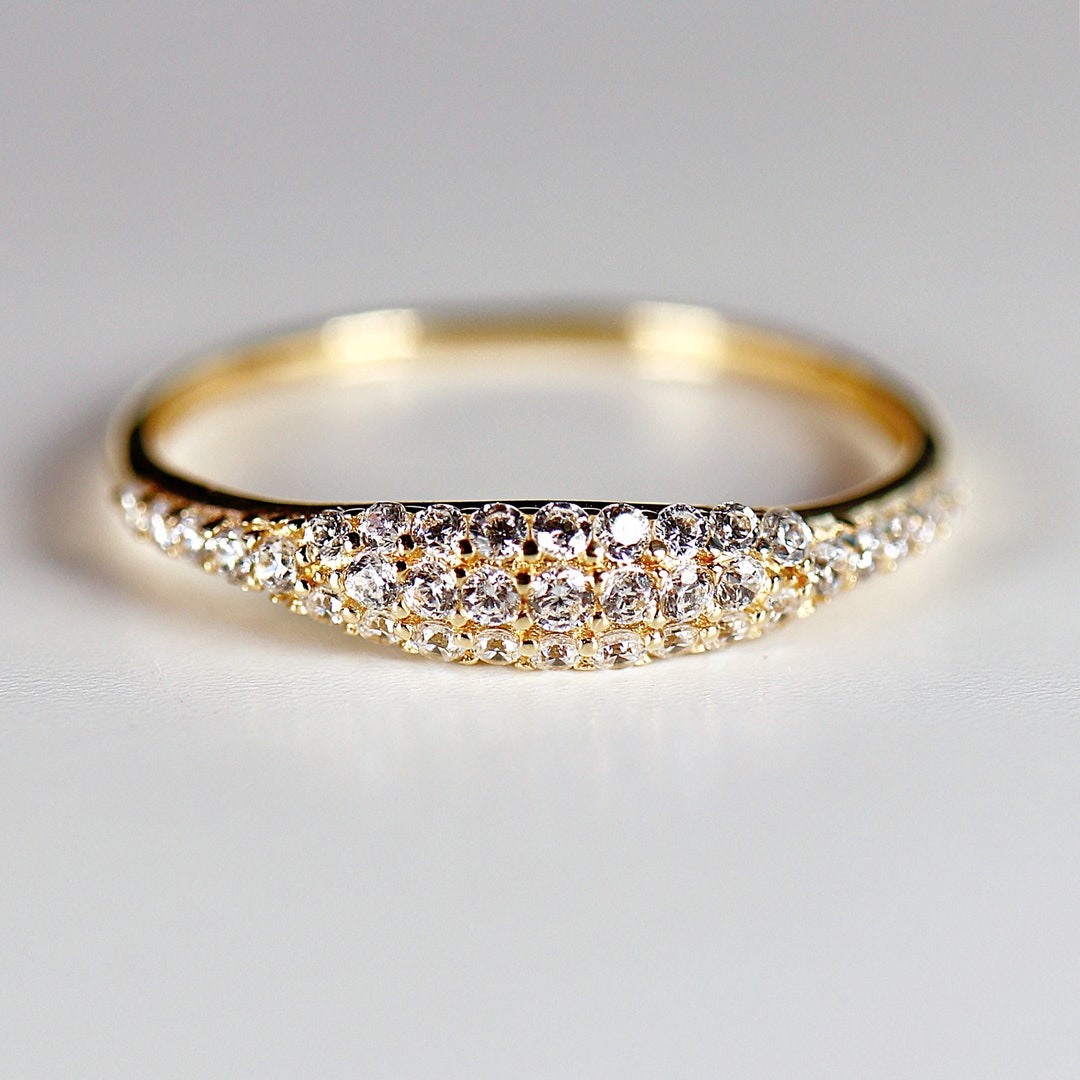 14k Gold Micro Pave Signet Ring, CZ Stacking Ring, Dainty Gold Pinky ...