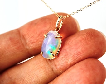 Ethiopian Opal Pendant, 12x8mm Rose Cut Opal, 14K Solid Gold Necklace, Natural Freeform Opal, Pendant Only or with Chain