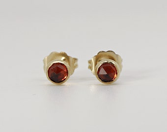 Genuine Garnet Earrings Gold Filled, Handmade Round Rose Cut Garnet Stud Earrings, Red Gemstone Earrings, January Birthstone Earrings