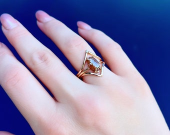 Natural Peachy Brown Diamond Ring, Handmade Rose Cut Fancy Diamond Engagement Ring, Unique Marquise Engagement Ring, Handmade Fine Jewelry