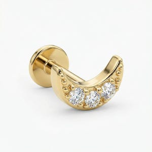 CZ Moon Earrings 14k Solid Gold, Internally Threaded Flat Back Studs, Tiny Moon Tragus Earring, Cartilage Piercing Gift