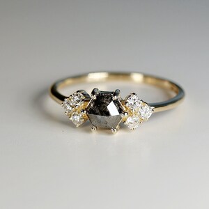 Hexagon Rose Cut Salt and Pepper Diamond Ring, 14k Yellow Gold Hexagon Diamond Ring, Conflict Free image 7