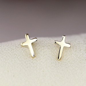 Gold Cross Earrings 14k Solid Gold, Delicate Cross Stud Earrings, Religious Christian Jewelry Gift, Minimalist Everyday Studs Earrings