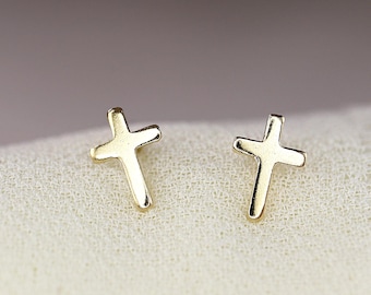 Gold Cross Earrings 14k Solid Gold, Delicate Cross Stud Earrings, Religious Christian Jewelry Gift, Minimalist Everyday Studs Earrings