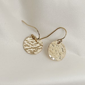 Gold Dangle Earrings, Hammered Gold Drop Earrings, Gold Coin Earrings, Gold Filled Disc Earrings, Daughter Gift, Minimalist Earrings
