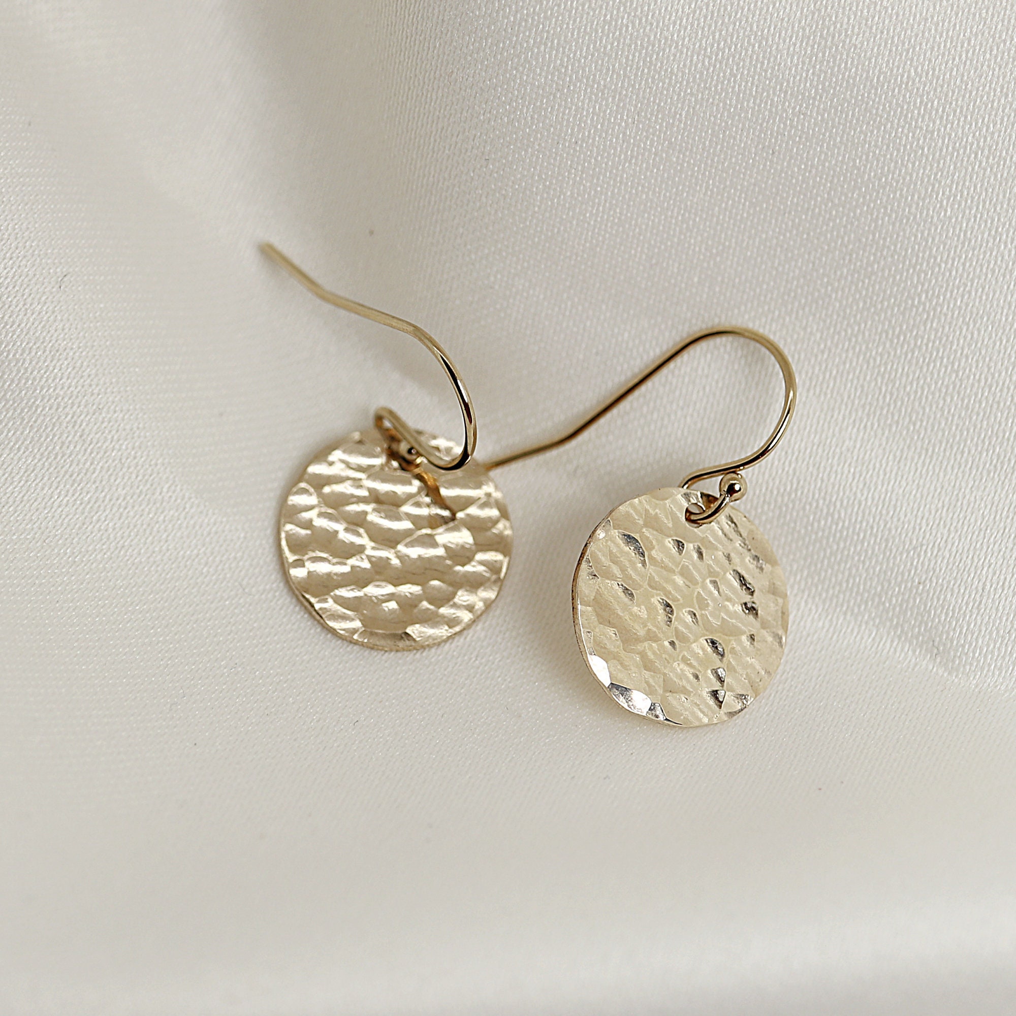 Gold Dangle Earrings, Hammered Gold Drop Earrings, Gold Coin Earrings, Gold Filled Disc Earrings, Daughter Gift, Minimalist Earrings