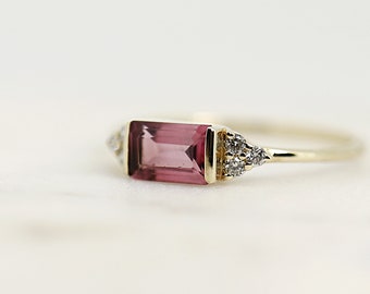 Pink Baguette Tourmaline & Diamond Ring, Art Deco Minimalist Ring, October Birthstone Ring, Baguette Ring